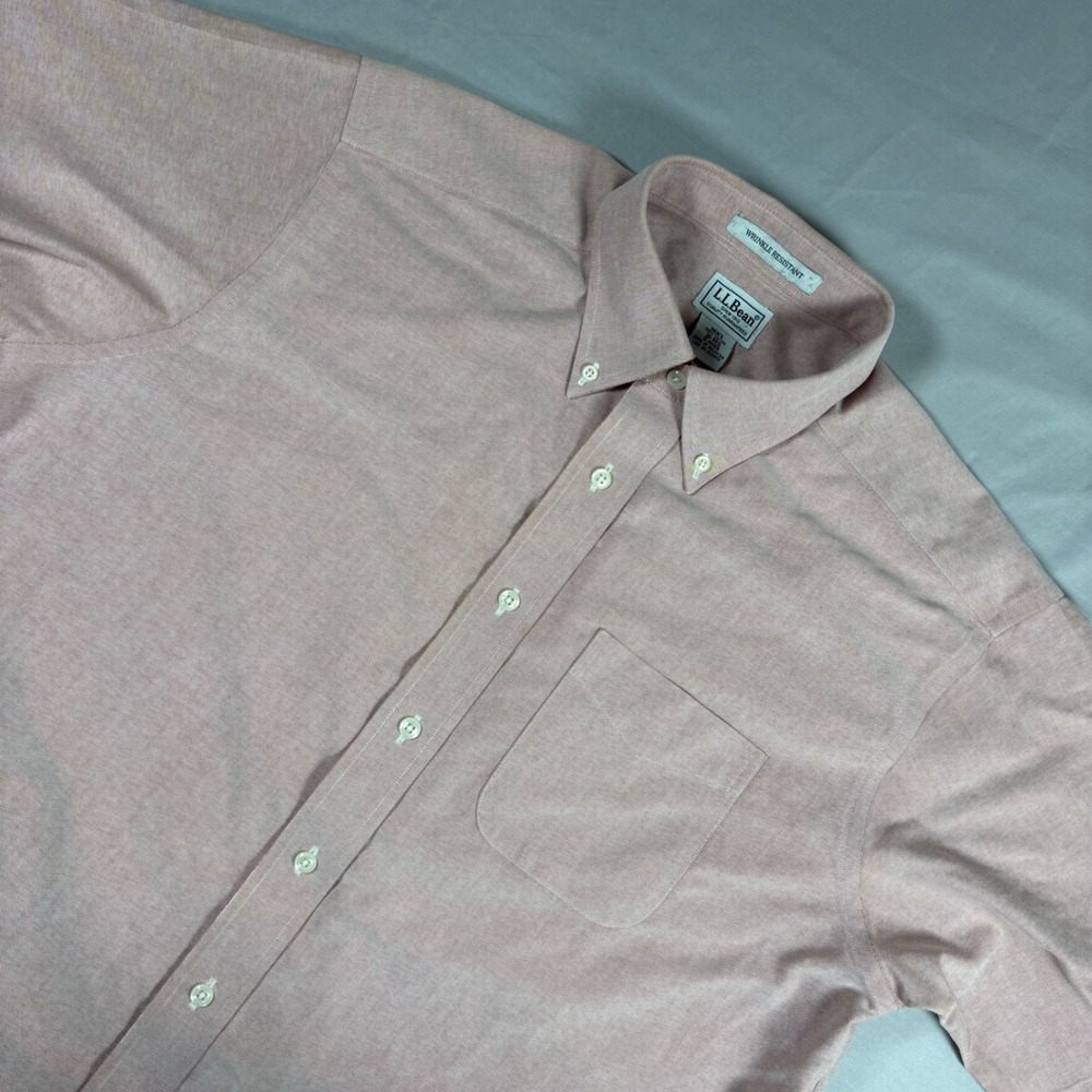 LL Bean Mens 16-Reg Pink Oxford Shirt Short Sleeve Wrinkle Resistant Cotton